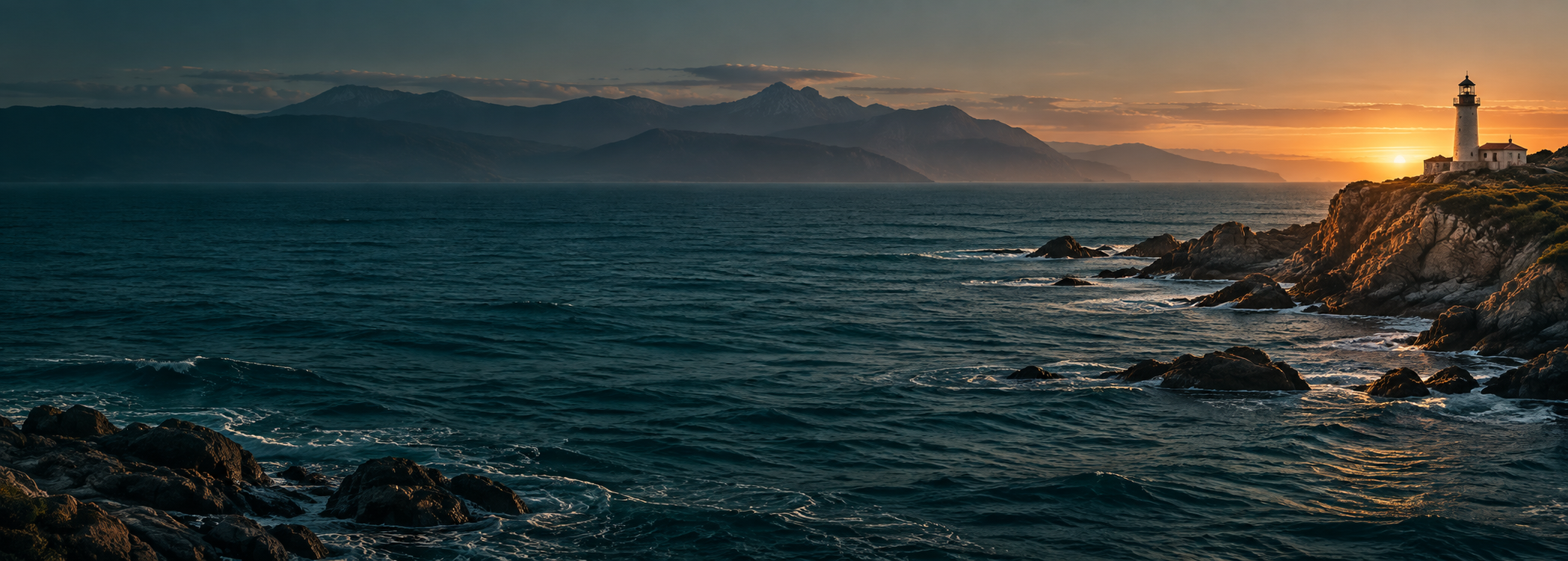 Costa y faro al atardecer
